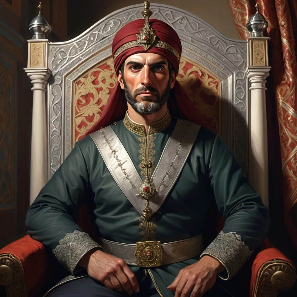 Prompt: A realistic portrait of a handsome Andalusian military leader from Cordoba, from the 10th century, sitting in the throne room of the palace. He wears luxurious Arab Andalusian clothing in dark colors, with an Arab turban on his head, carefully tied over a silver helmet, showing his sovereignty. His features are Spanish, with a short reddish beard, and his features are serious and firm, as he listens intently to one of the soldiers. Background: A room in the Andalusian palace of Madinat al-Zahra.