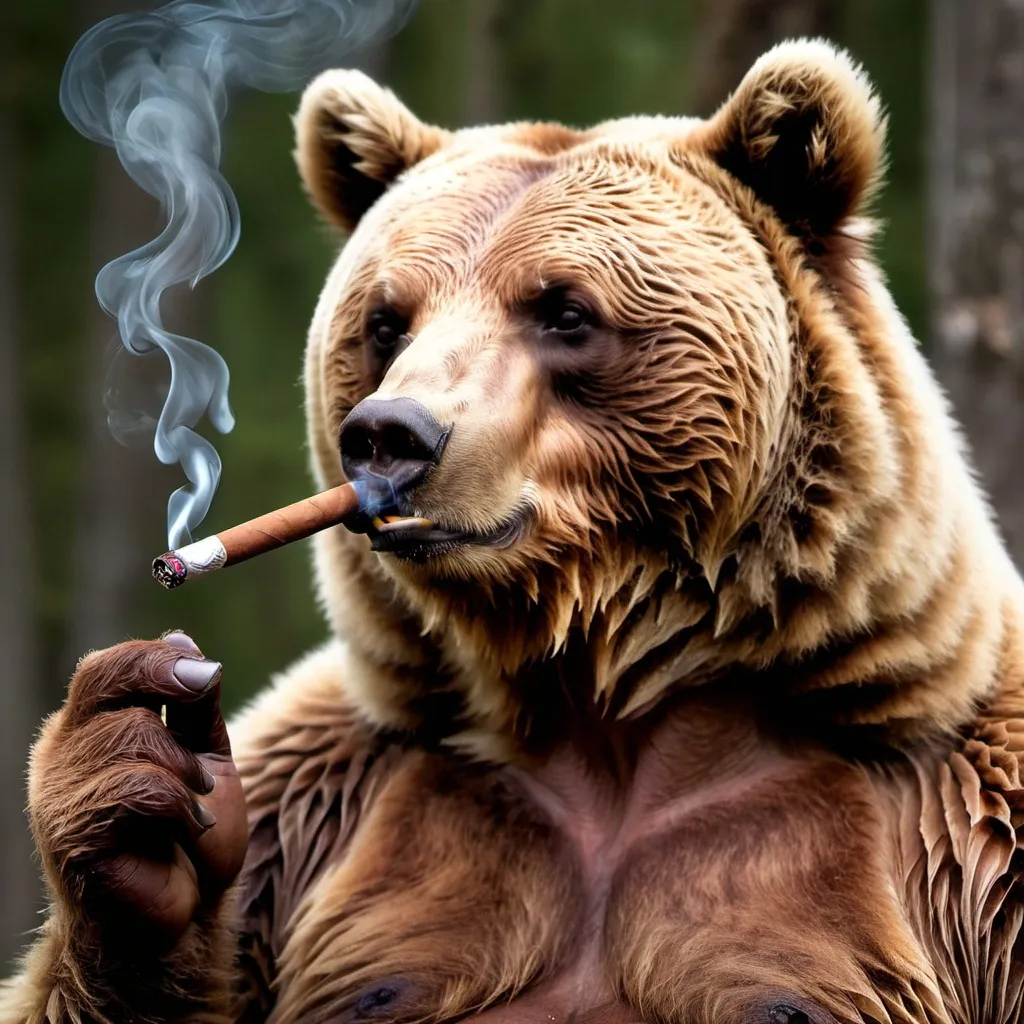 Prompt: A brown bear smoking a cigar