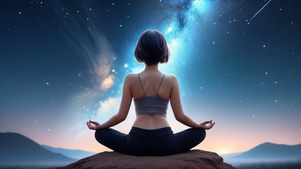 Prompt: A lady is sitting in the lotus meditation position, back to the camera, facing the vast blue starry night sky, looking at the milky way galaxy. She has short hair and a transparent crystal Bluish body.