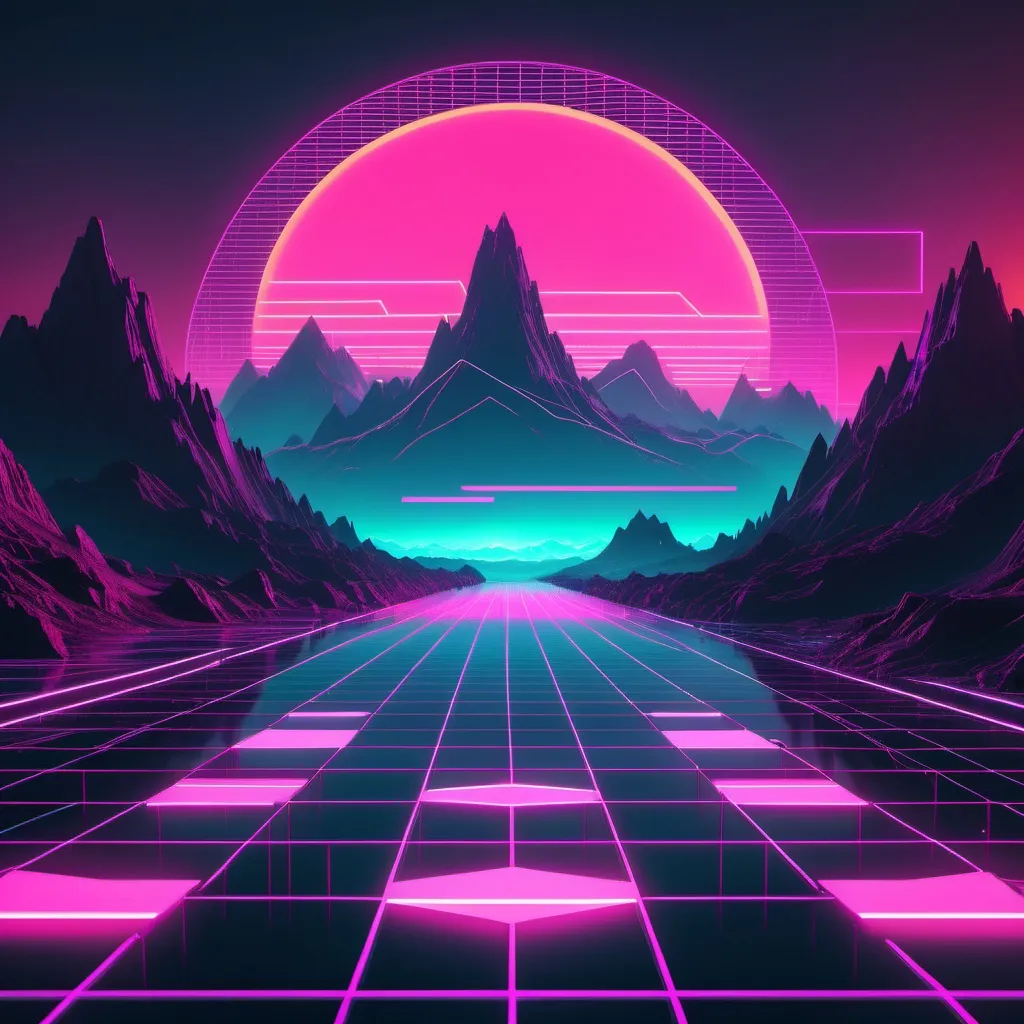 Prompt: a futuristic landscape with mountains and a neon sun in the background with a grid of neon lights in the foreground, Beeple, retrofuturism, synthwave style, computer graphics