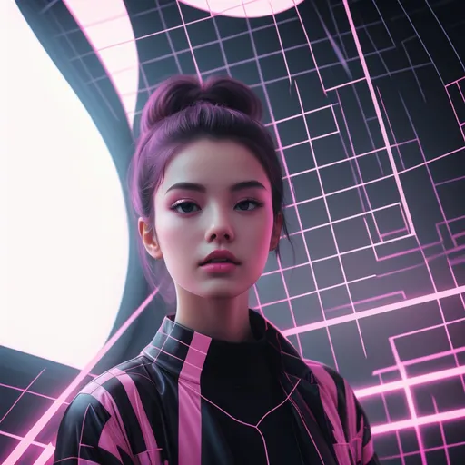 Prompt: a pink and black background with a grid pattern in the middle of it, with a black background and a pink grid pattern in the middle, Beeple, retrofuturism, retrowave, a stock photo