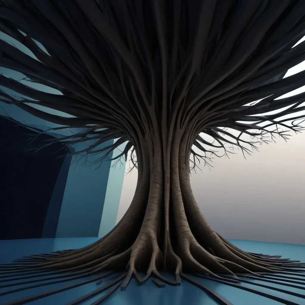 Prompt: create an abstract tree, looking digital, there is date feeding the tree through many roots, the form should be inspired by Setas de Sevilla