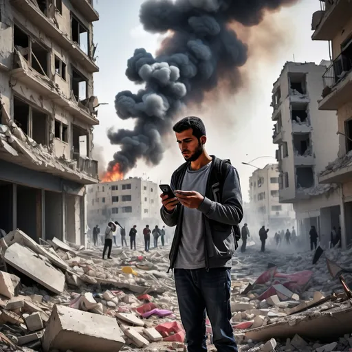 Prompt: Image Prompt:

A Palestinian person stands in a chaotic urban setting, recording a war situation on their smartphone. The background shows crumbling buildings and smoke rising from distant explosions, capturing the intensity of the moment. The individual, dressed in casual clothing, has an expression of determination mixed with concern. The scene is filled with a mix of colors—dark grays from the rubble and bright flashes of light from explosions. Dust and debris fill the air, creating a sense of urgency and danger. The focus is on the person’s face, highlighting their resolve to document the reality around them.