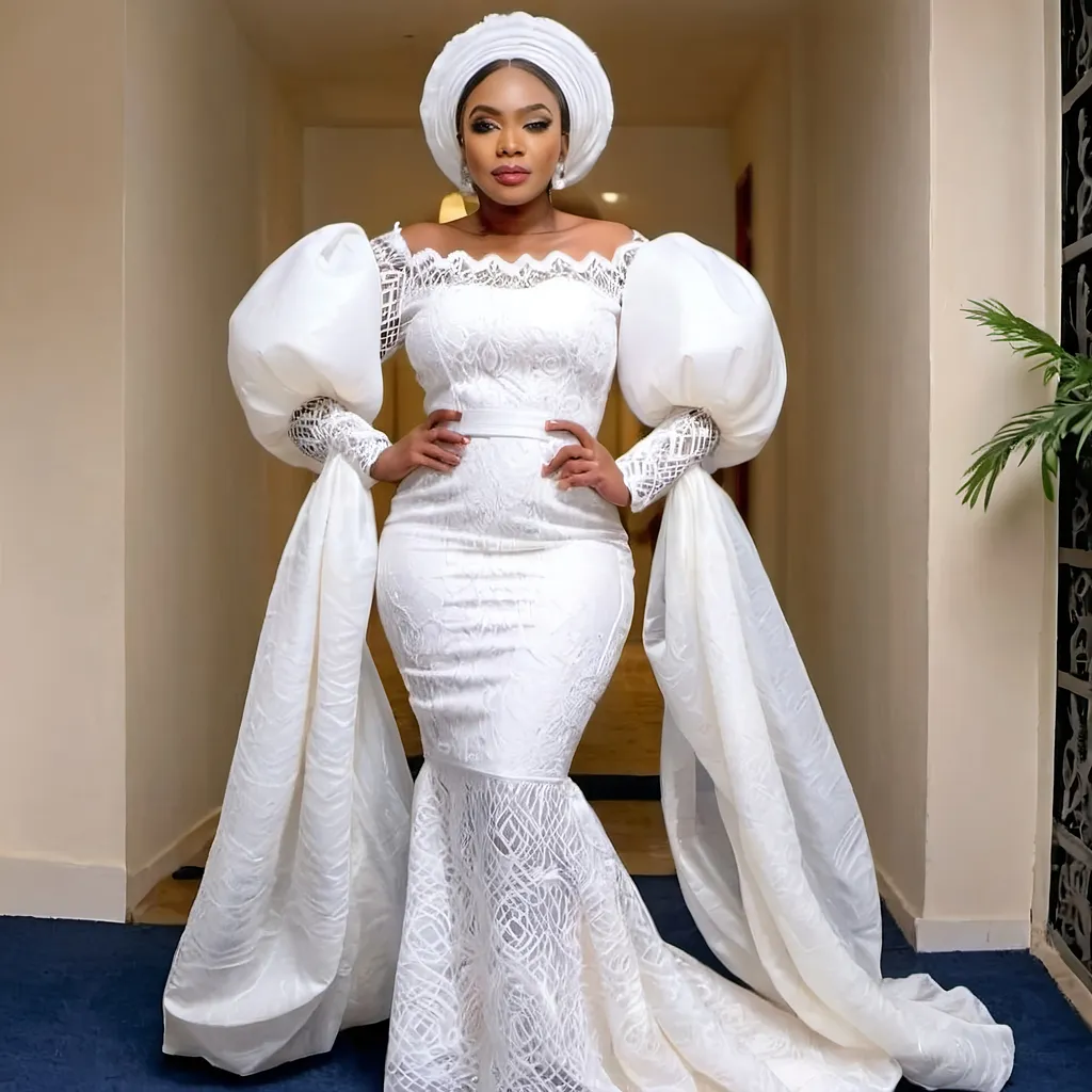 Prompt: A white full length nigerian lace dress
Balloon sleeves made from organza and a cuff made from lace