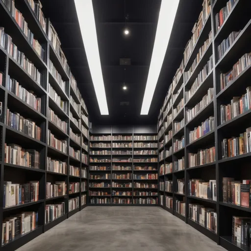 Prompt: big steel Bookshelf full with differnt books in an empty room and with museum lighting on the ceiling