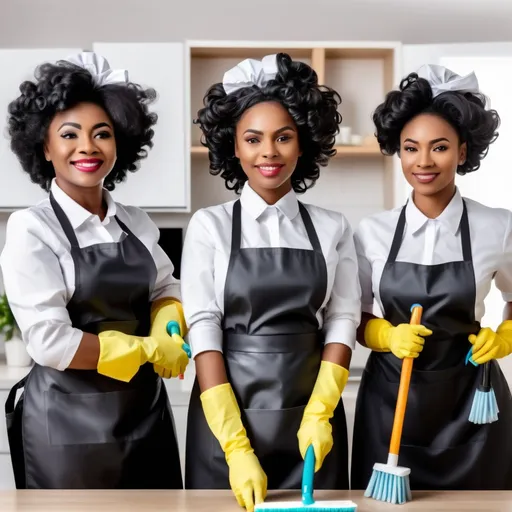 Prompt: Team of black mature maids dressed in long maid's outfits with cleaning tools eagerly ready to provide professional cleaning services. They should not have any caps on. Their hair should be neat and visible.