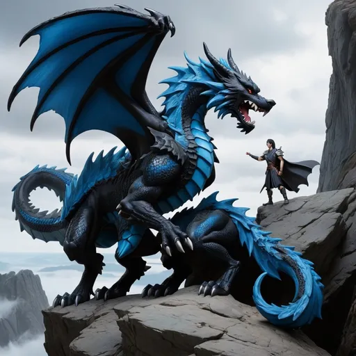 Prompt: black and blue dragon and wolf standing at edge of cliff