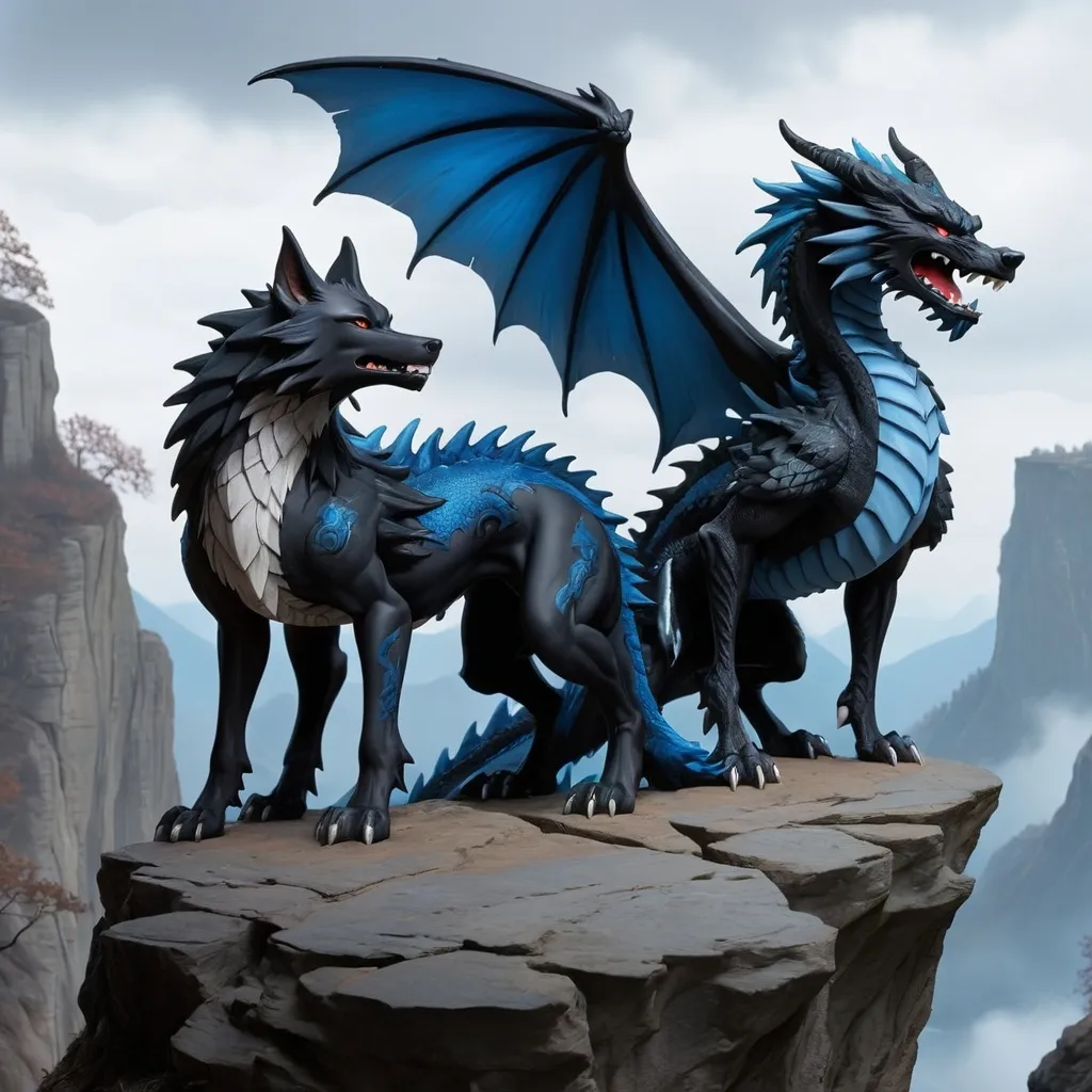 Prompt: black and blue dragon and wolf standing at edge of cliff