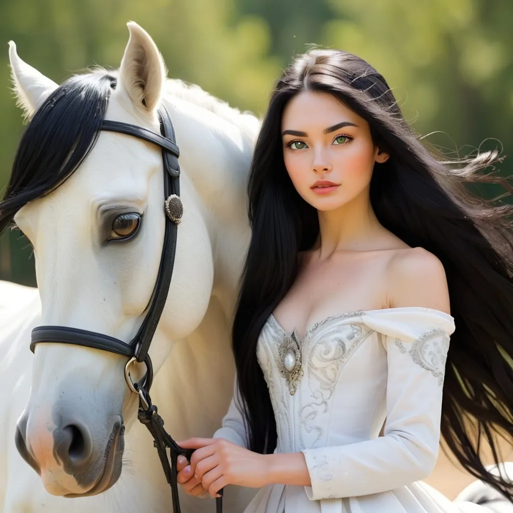 Prompt: A young woman with long black hair and beautiful faceon a white horse