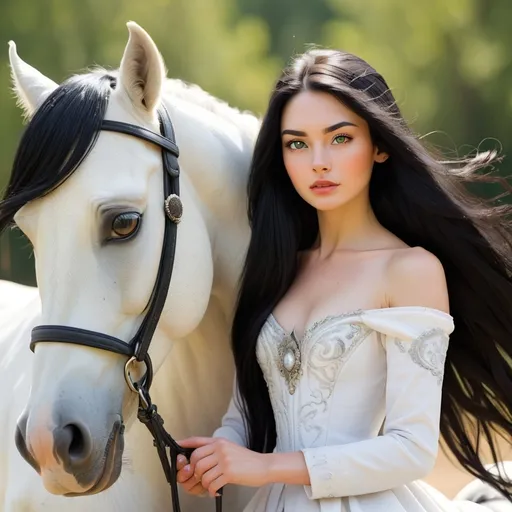 Prompt: A young woman with long black hair and beautiful faceon a white horse