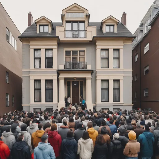 Prompt: Crowd in front of a big house in the city, waiting for an apartment to rent