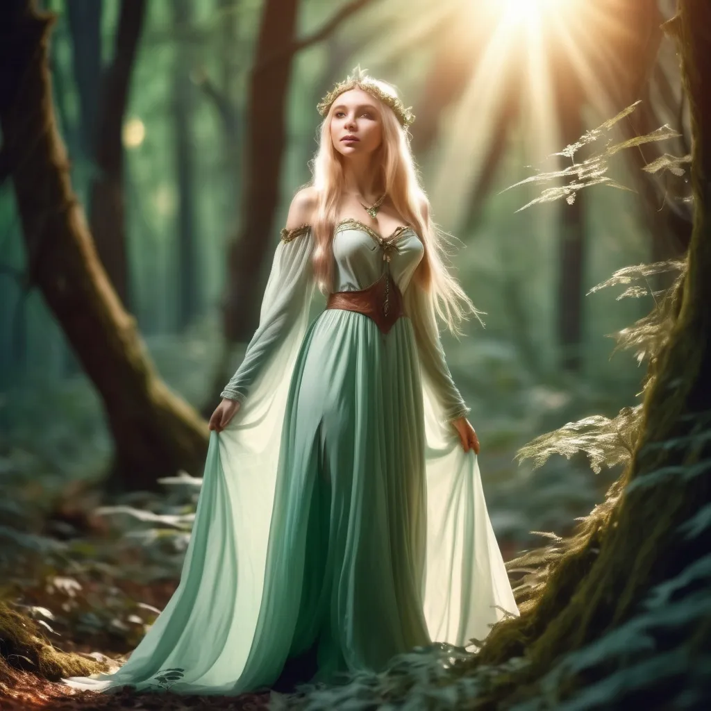 Prompt: Elf princess in a long dress in a 
mystical forest around sunlight