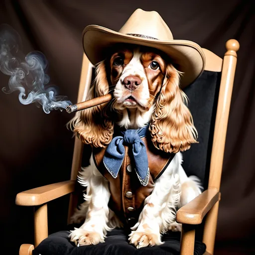 Prompt: cocker spaniel dressed up as a cowboy smoking a cigar in a rocking chair