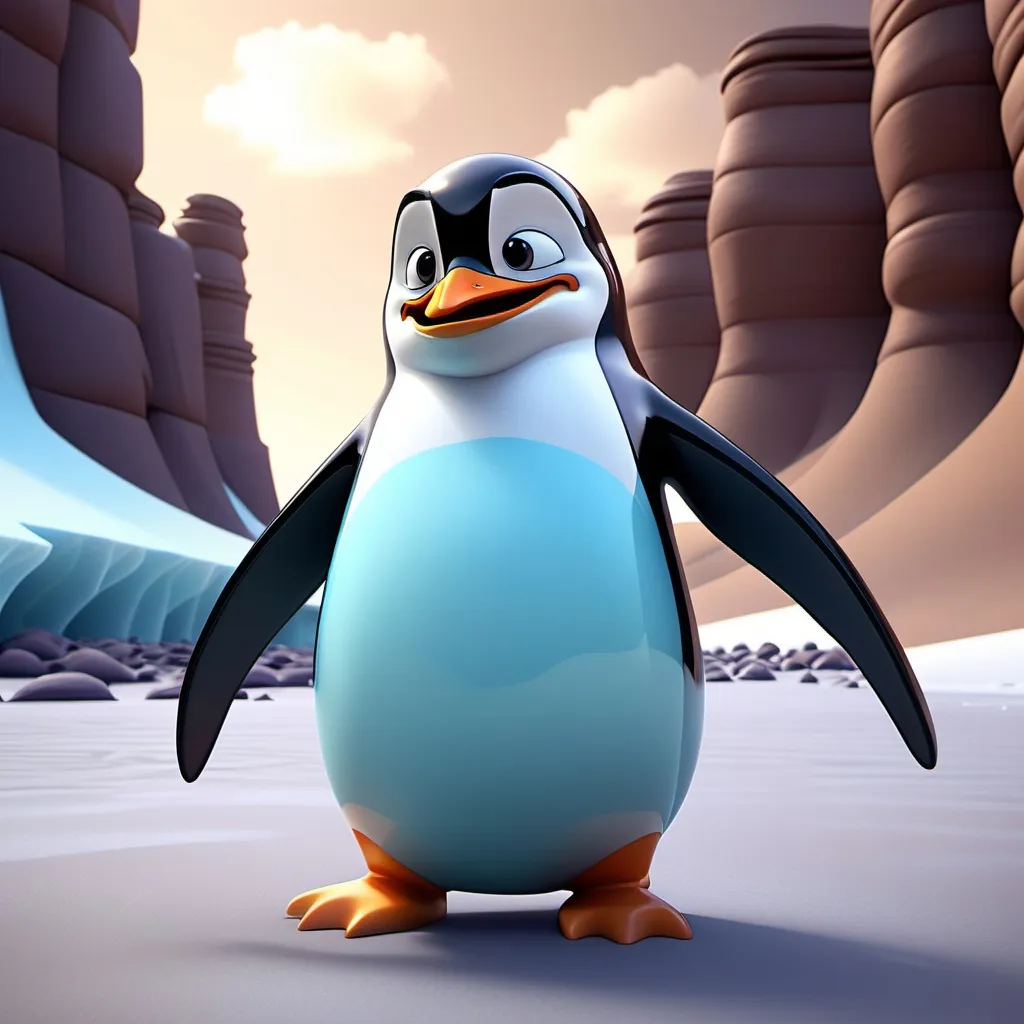 Prompt: Disney pixar character, 3d render style, old hero evil laugh, cinematic colors, linux penguin, desert, icy river, void