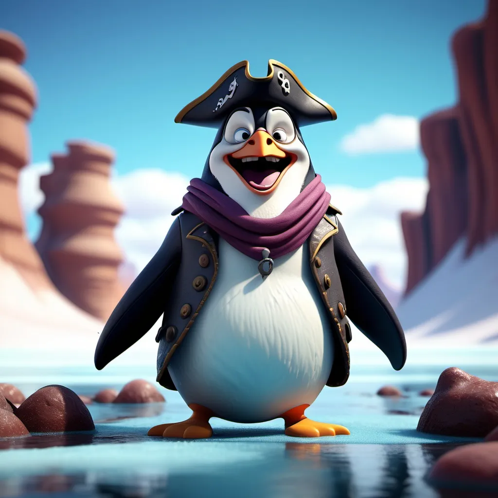 Prompt: Disney pixar character, 3d render style, old pirate evil laugh, cinematic colors, penguin, desert, icy river, void