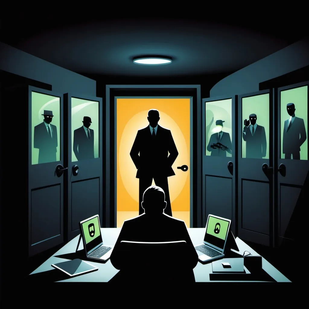 Prompt: Create a dramatic, symbolic digital illustration showing the theme of a banned organization secretly continuing operations. Depict a shadowy figure or group operating behind closed doors, with a glowing laptop or mobile device in hand, representing their covert activities on social media. Surround them with faint symbols of surveillance (CCTV, digital eyes, or security cameras), highlighting that these actions are being monitored. In the background, include elements like the scales of justice or a gavel, symbolizing the enforcement of anti-terrorism laws. The color scheme should be dark and ominous, using shades of black, grey, and muted reds, to reflect the secrecy and danger of their activities. Add the Bangladeshi national flag subtly in the design to reflect the local context.