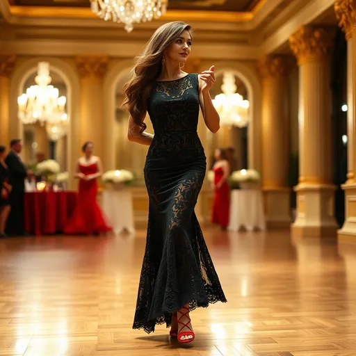 Prompt: Tall beautiful woman, 36 years old, midszise, very long open, very full hair, walking down the ballroom, detailed long black lace dress, red high strappy sandals, Tango,