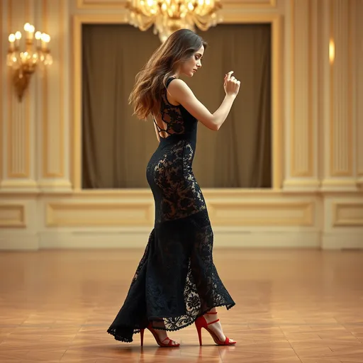 Prompt: Tall beautiful woman, 36 years old, midszise, very long open, very full hair, walking down the ballroom, detailed long black lace dress, red high strappy sandals, Tango,