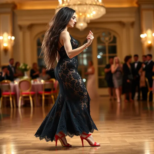 Prompt: Tall beautiful woman, 36 years old, midszise, very long open, very full hair, walking down the ballroom, detailed long black lace dress, red high strappy sandals, Tango,