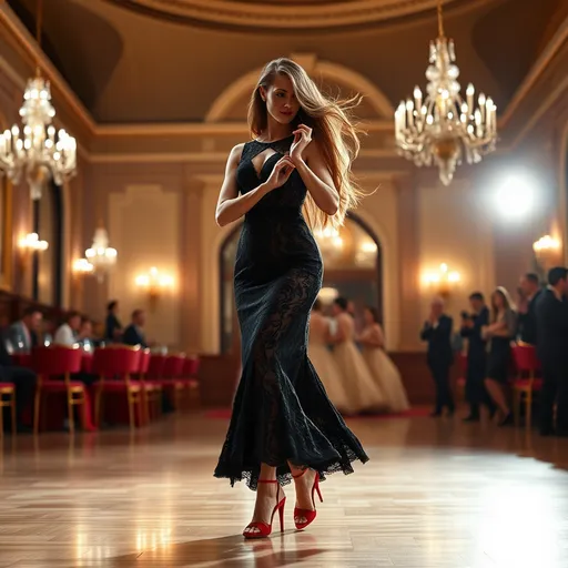 Prompt: Tall beautiful woman, 36 years old, midszise, very long open, very full hair, walking down the ballroom, detailed long black lace dress, red high strappy sandals, Tango,