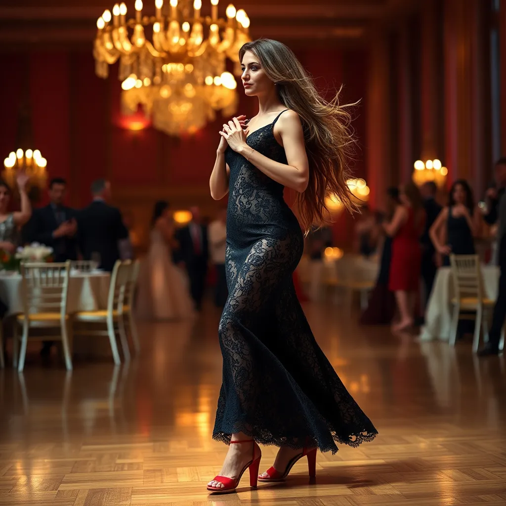 Prompt: Tall beautiful woman, 36 years old, midszise, very long open, very full hair, walking down the ballroom, detailed long black lace dress, red high strappy sandals, Tango,