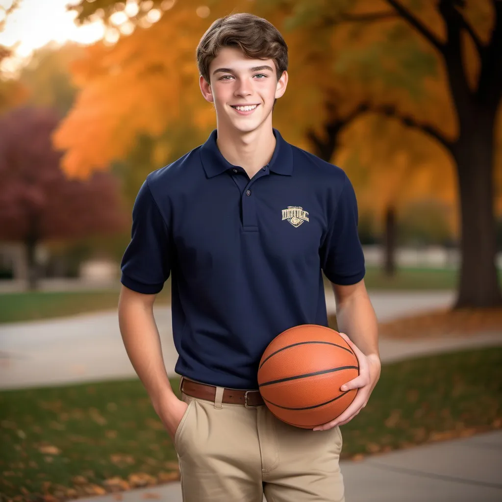 Prompt: (athletic high school senior), male with (brown hair, dark green eyes), wearing (navy blue polo shirt, khaki pants), striking a friendly pose in a (fall backdrop), holding a (basketball) in one hand and a (book) in the other, showcasing a perfect blend of (youthful enthusiasm and academic dedication), warm lighting, high detail, ultra-detailed, capturing a cozy and inviting autumn atmosphere.