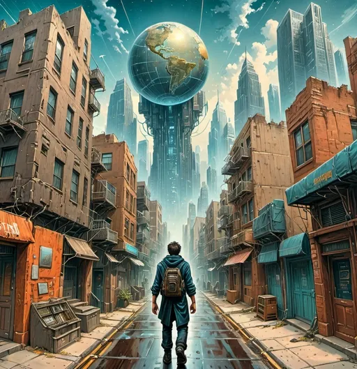 Prompt: a boy walking down a street in a city with tall buildings and an atlas on the sky, with a sky background, Dan Mumford, retrofuturism, josan gonzales , cyberpunk art