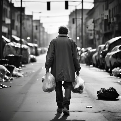 Prompt: Homeless man walking on the streets, focus on the back, trash and distressing clothes on the street, on the background unfocused traffic sogns and cameras, on the sky lighting lamps with infites wires,angle from the floor, detailed clothing, realistic, street photography black and white lighting