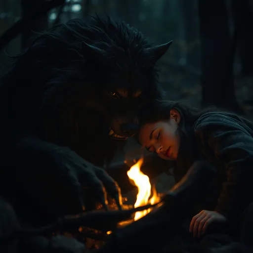 Prompt: (vicious looking werewolf), dark ages scene, young woman with long black hair, sleeping peacefully beside a small fire, night-time woods, eerie atmosphere, intense drama, illuminated by flickering firelight, misty background, high tension,  intricate details, (highly detailed & cinematic), somber color palette, shadows and highlights creating suspenseful depth.