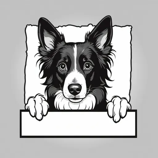 Prompt: a dog peeking over a sign with his paws on it's side, with a black and white background, border collie, lowbrow, behance hd, vector art