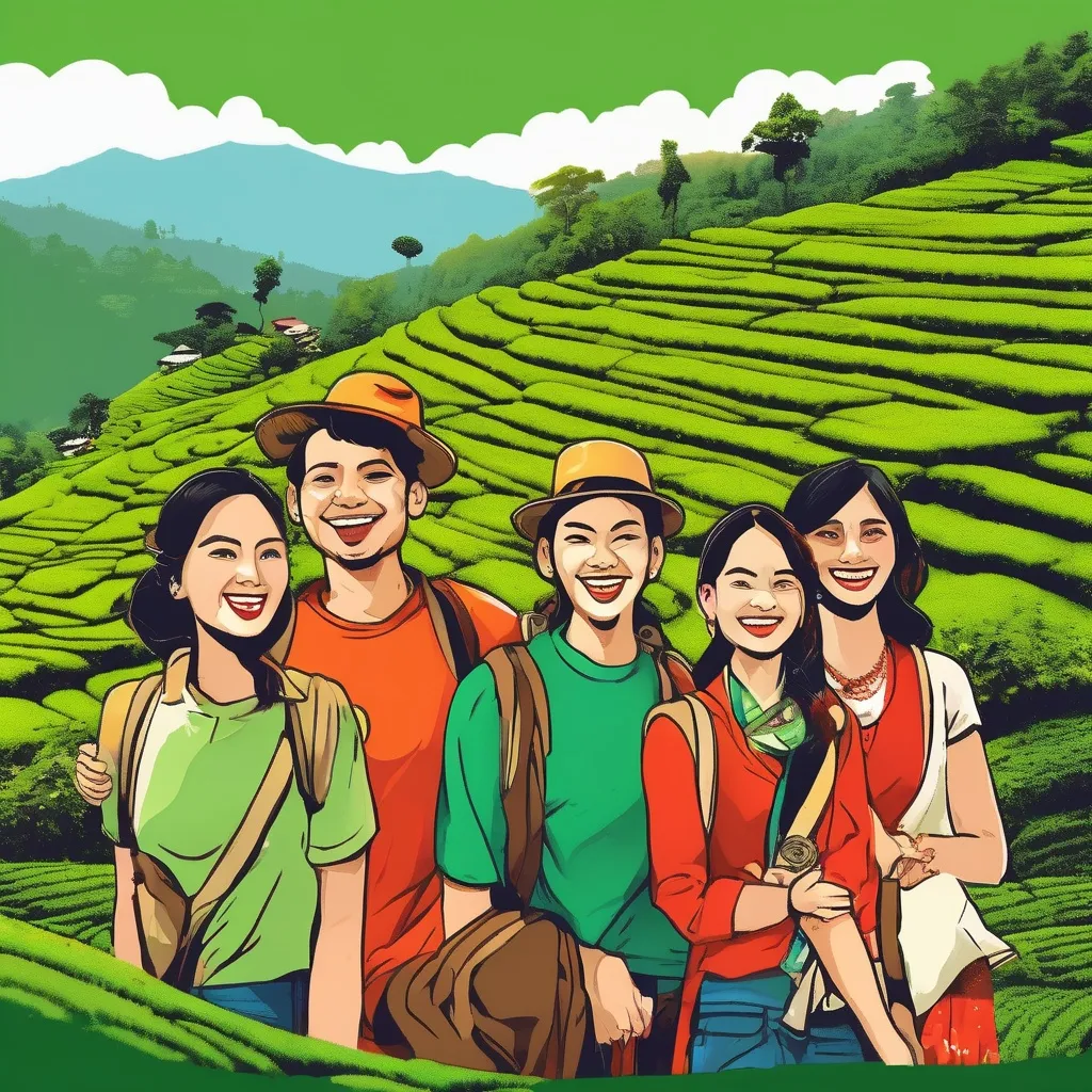 Prompt: (T-shirt design), a lively scene of (5 adult friends three men and two women), joyfully traveling together in Darjeeling, (lush green hills), scenic tea plantations in the background, (cheerful expressions), dressed in colorful, trendy attire, capturing the adventurous spirit, warm afternoon lighting, high-quality illustration, capturing a sense of camaraderie and excitement in the beautiful hills of Darjeeling.