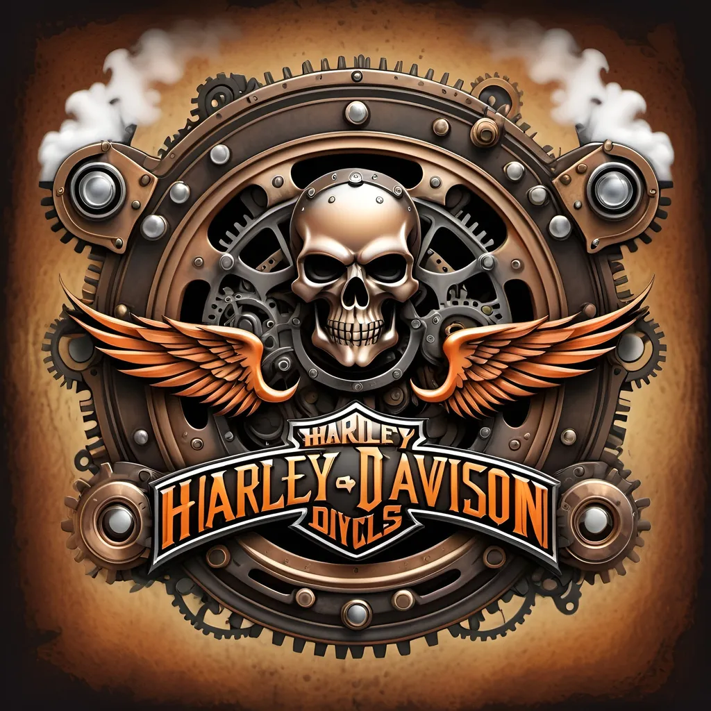 Prompt: a harley davidson logo in steampunk style with steam all around