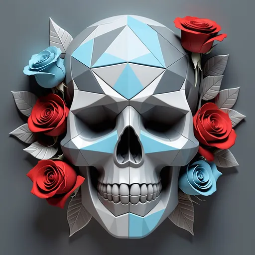 Prompt: Artistic skull integrated with geometric shapes or abstract art creating a mix of edgy and soft elements use shades of grey and light blue us small size roses and use a light palate of colour. Use small size red roses add3d geometry shapes