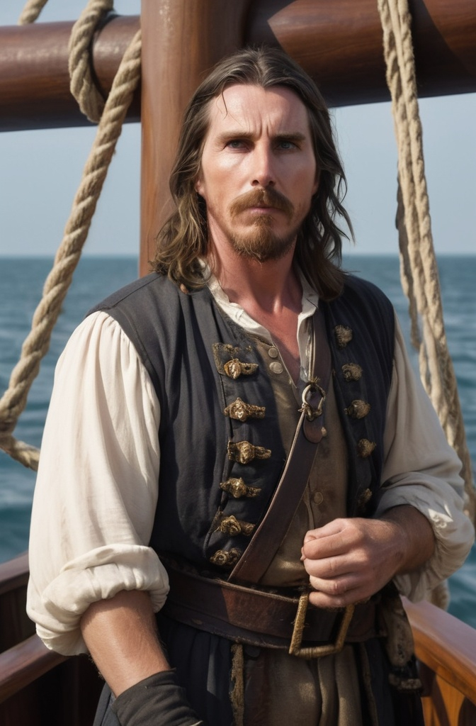 Prompt: angry man with visual features of actor Christian Bale long beard  in a pirate costume  and a boat in the background with a ship in the water, Antoine Le Nain, mannerism, peter konig, a character portrait