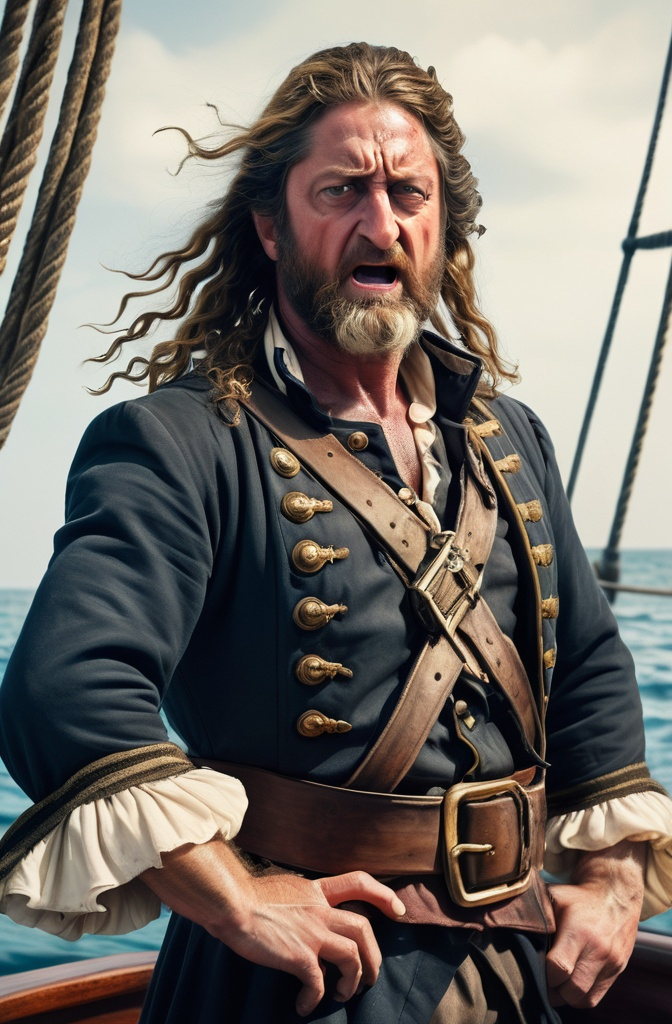 Prompt: angry man with visual features of actor Gerard Butler long beard  in a pirate costume and a boat in the background with a ship in the water, Antoine Le Nain, mannerism, peter konig, a character portrait