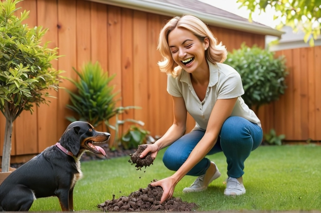 Prompt: A woman happily scooping up dog poo in a backyard