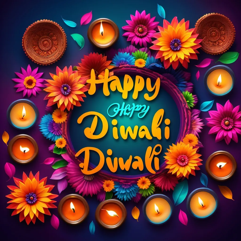 Prompt: a colorful diwali with flowers and candles on it, with the words happy diwali written in the middle, Bholekar Srihari, samikshavad, glowing rich colors, a poster