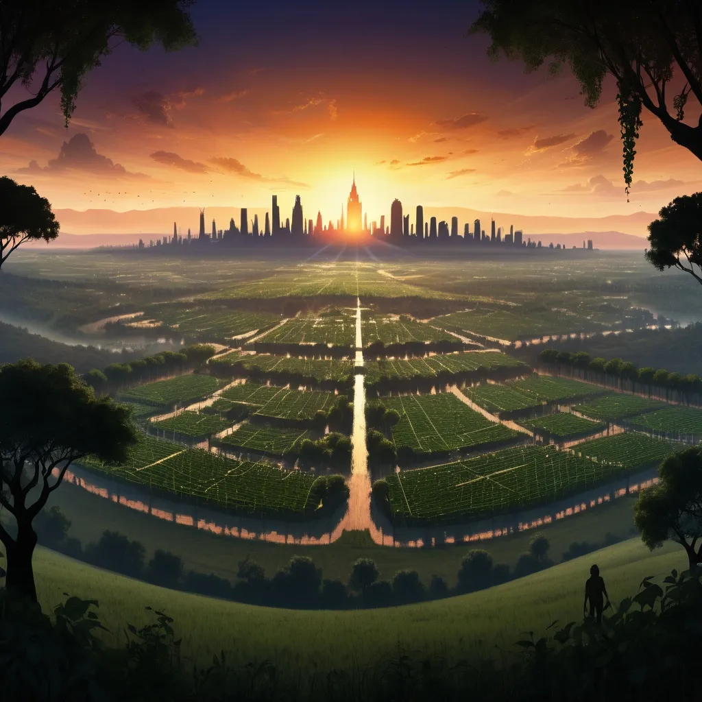 Prompt: The silhouette of utopian city filling up the horizon line full of trees, vines and other nature and in the distance plains with farms all lit by a sunset. Behind the city there is a forcefield.