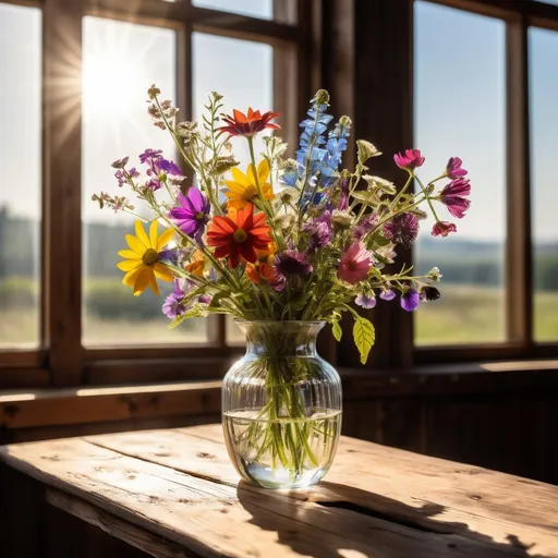 Prompt: glass vase of colorful wild flowers, set on a wooden table with a window behind and the sun streaming in