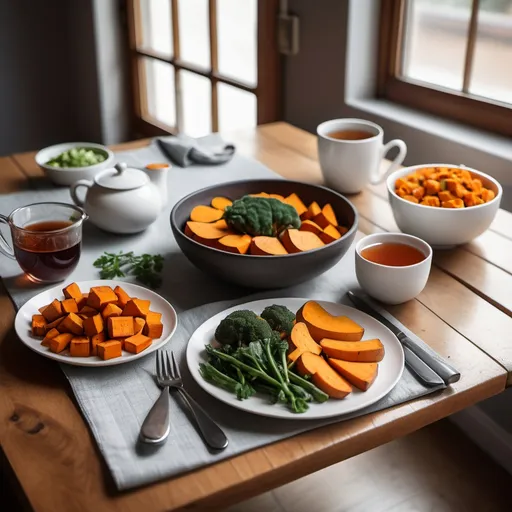 Prompt: table set with one meal, healthy vegetables, sweet potato, tea in a mu, place mat, and napkin colorful, wooden table, light coming in the window