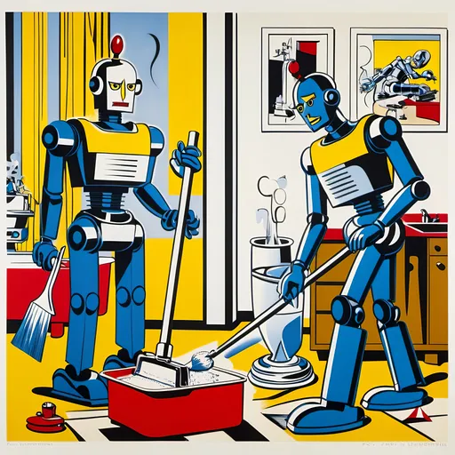 Prompt: robots cleaning, by roy lichtenstein, domestic, by salvador dali