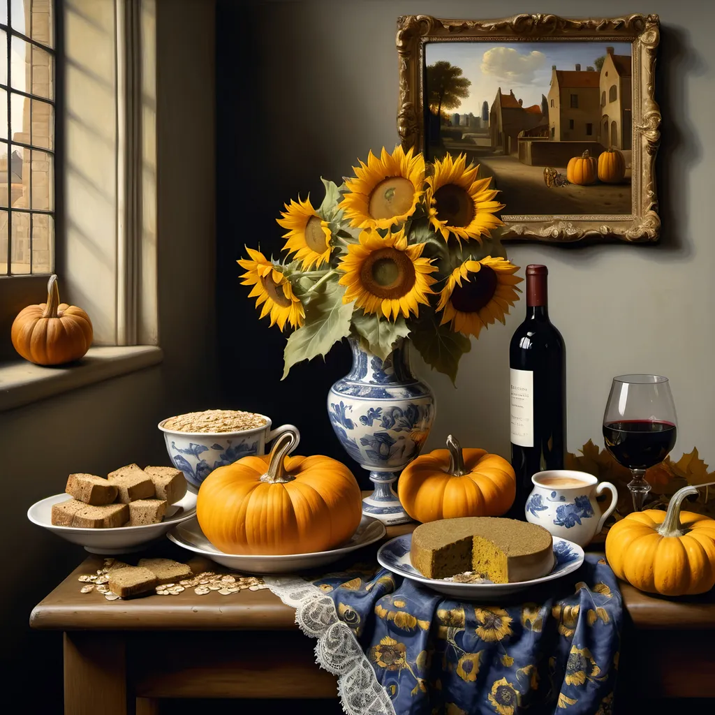 Prompt: still life, painting by vermeer, sunflowers, pumpkins, wine, vegan smorgasbord, oats, lace, detailed, fine art, chai latte, natural lighting, 17th century, dutch renaissance, masterpiece