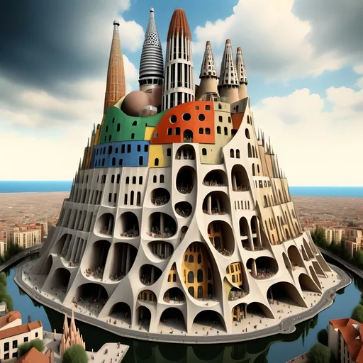 Prompt: tower of babel, by hundertwasser, by pieter bruegel the elder, sagrada familia, by hieronymus bosch, by antonio gaudi, brutalist architecture, photo realistic, 3d rendering