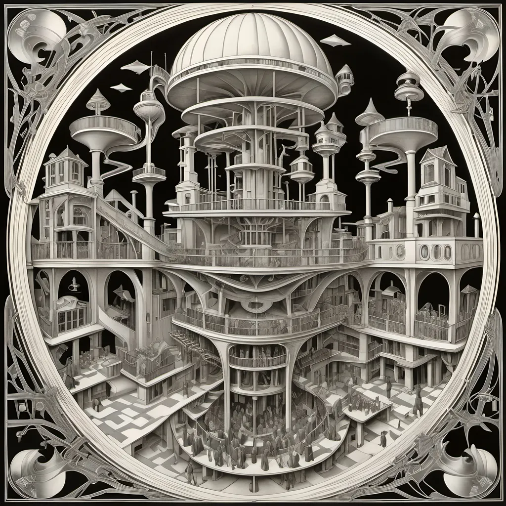 Prompt: metamorfose, by m.c. escher, art nouveau, complex, belle epoque, detailed, steampunk