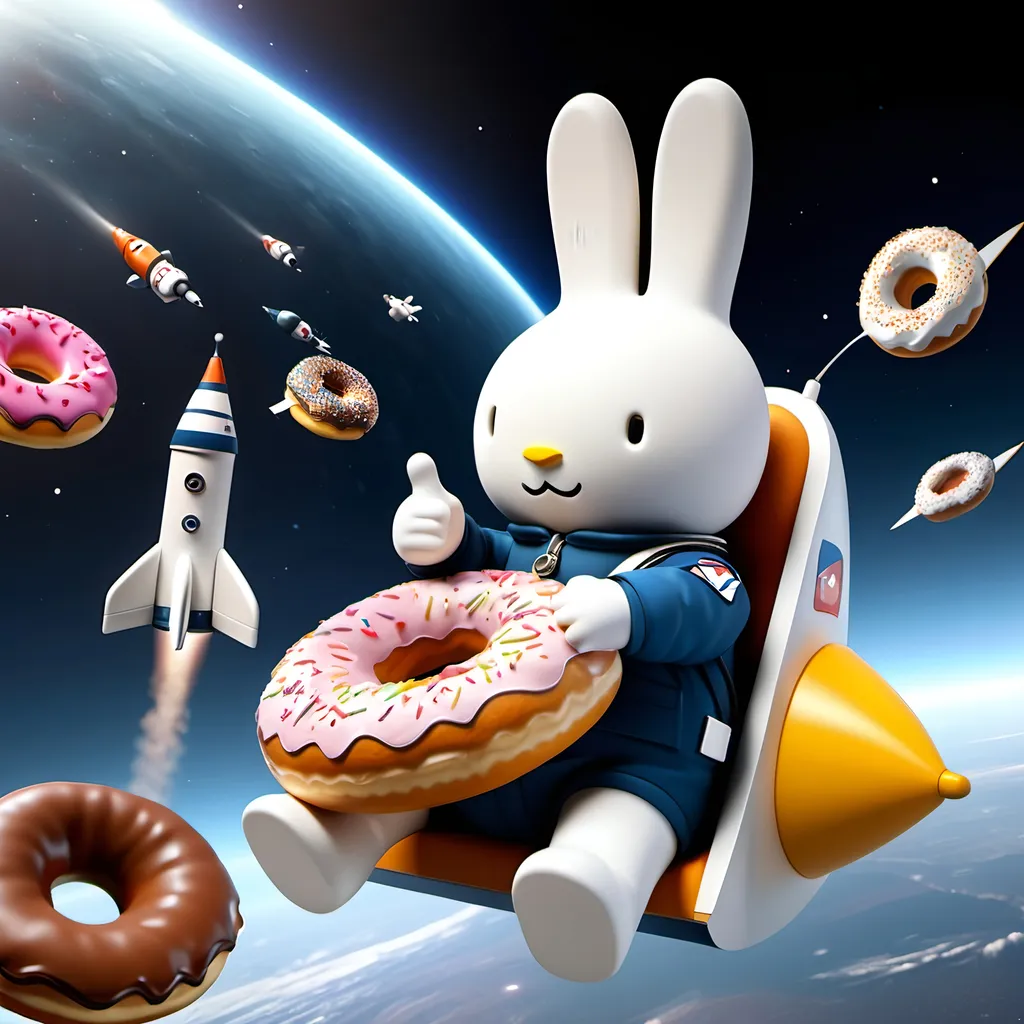 Prompt: uniformed miffy, eating a donut, thunderbirds, riding a rocket, thumbs up, realistic 3d render, space