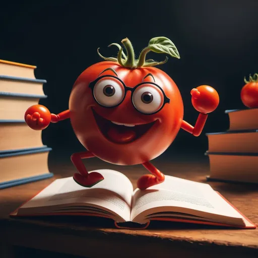 Prompt: a tomato dancing at a rave around study books