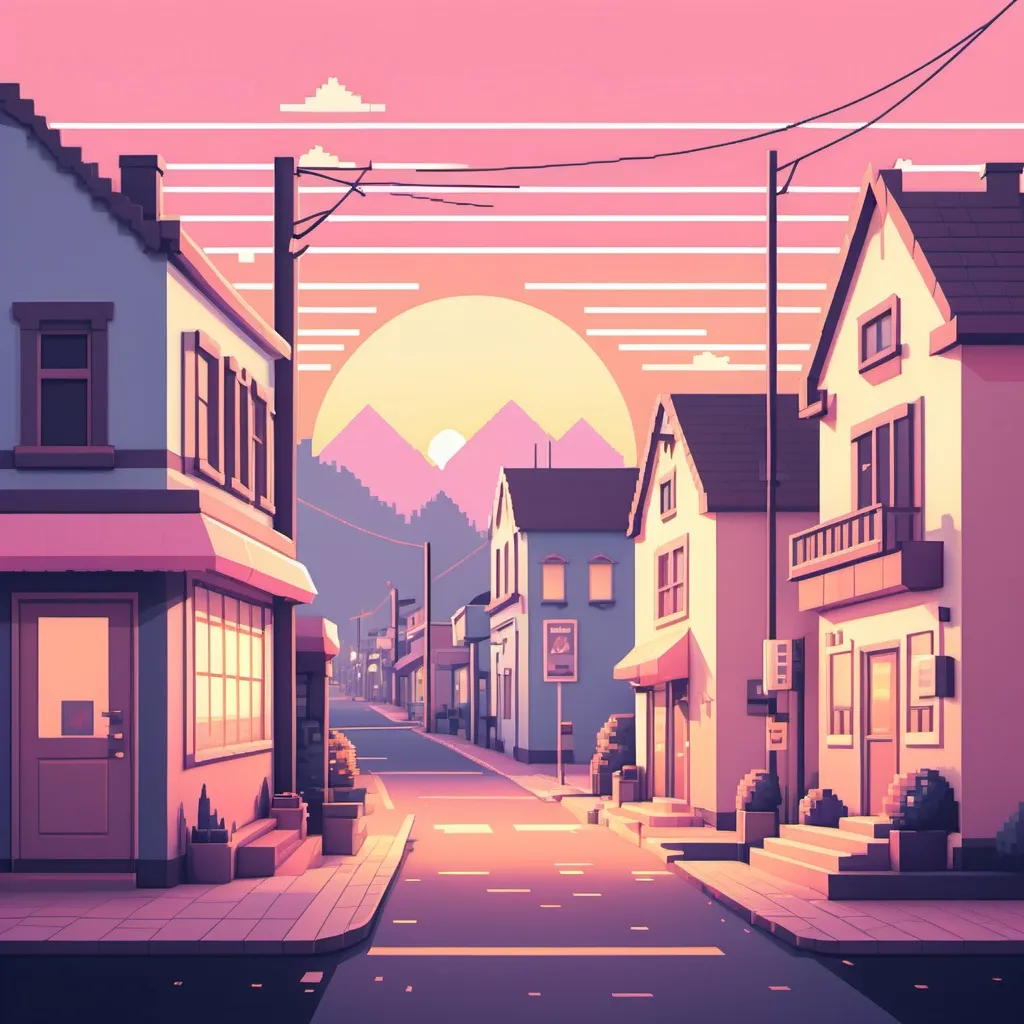 Prompt: Digital pixel art in retro style, 8-bit inspired with pastel color palette, featuring a cozy small town at sunset with a warm and nostalgic feeling, minimal details, and soft pixel edges.