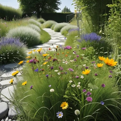 Prompt: Garten mit Gras und vielen Wildblumen,
die einen Weg aus flachen Granitplatten säumen