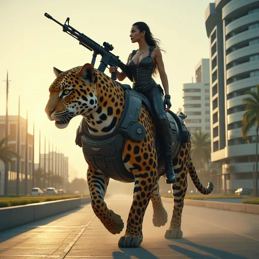 Prompt: A hyper-realistic, high-detail, cinematic shot of a stunning, Brazilian female soldier, a beautiful morena, riding on the back of a massive, imposing jaguar. The soldier is positioned on the jaguar's back, in tactical gear and corset, her large breast are exposed. She is holding a futuristic automatic rifle with confidence as she scans her surroundings. The jaguar, colossal and muscular, is equipped with advanced military gear, including a tactical vest and heavy weaponry mounted on its sides. They are moving through a military base in Brasília, with modern government buildings and iconic architecture in the background, such as the Palácio do Planalto and the National Congress. The base is surrounded by vast, open spaces, with concrete pathways and flagpoles flanking the scene. The sun is low, casting a golden light over the futuristic cityscape, creating long shadows. The jaguar’s tawny, spotted coat ripples beneath its armor as it moves with precision, while the soldier remains poised, exuding strength and focus.
