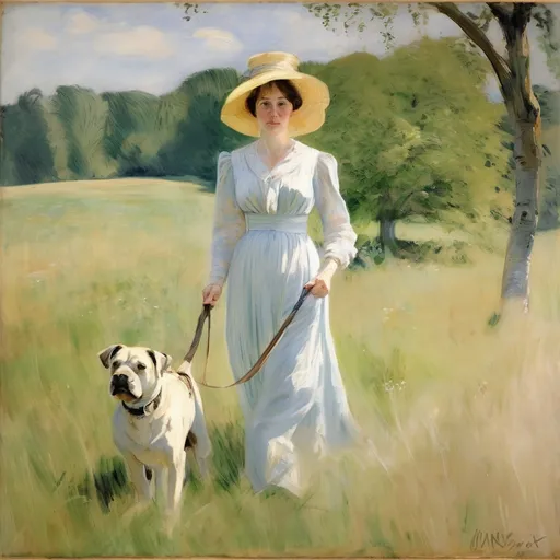 Prompt: Mary Cassatt style woman . Impressionist, domestic life, soft colors, loose brushwork walking in lush field dog old trees